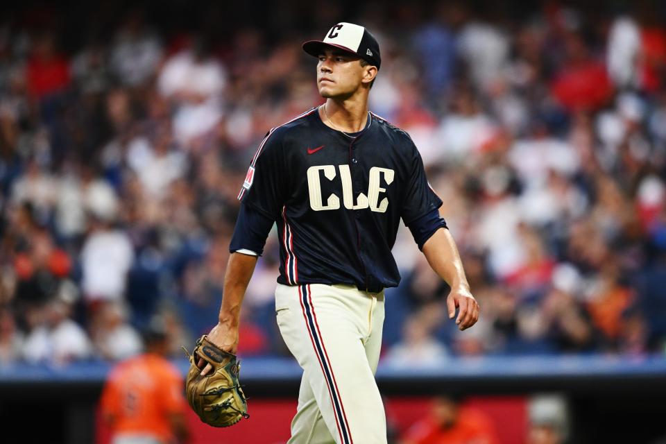 Cleveland Guardians starter Joey Cantillo (54) walks off the mound after being relieved during the fifth inning against the Baltimore Orioles on Saturday in Cleveland.