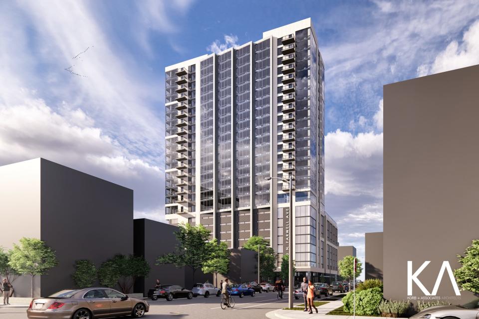 A 25-story apartment high-rise is planned for what are now parking lots on North Farwell Avenue south of East Curtis Place.