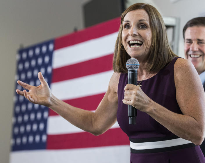 McSally addresses her constituents during a rally in Gilbert, Ariz., on Oct. 12, 2018. (Photo: Darryl Webb/AP)