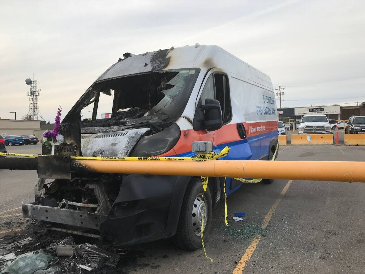 A mobile overdose prevention clinic jointly operated by Northern Health and the First Nations Health Authority was destroyed by fire in Fort St. John, B.C., on Sunday evening. (Kate Partridge/CBC - image credit)