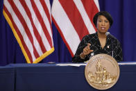 District of Columbia Mayor Muriel Bowser speaks during a news conference, Wednesday, May 27, 2020, in Washington. Bowser announced the start of the Phase 1 response to the coronavirus in Washington is to begin Friday, May 29. (AP Photo/Jacquelyn Martin)