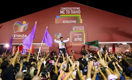 Former Greek prime minister and leader of leftist Syriza party Alexis Tsipras addresses supporters after winning the general election in Athens, Greece, September 20, 2015. REUTERS/Alkis Konstantinidis