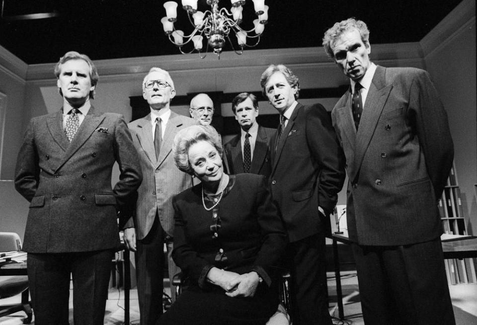 Sylvia Syms as Margaret Thatcher on stage in Half the Picture at the Tricycle theatre in London in 1994.