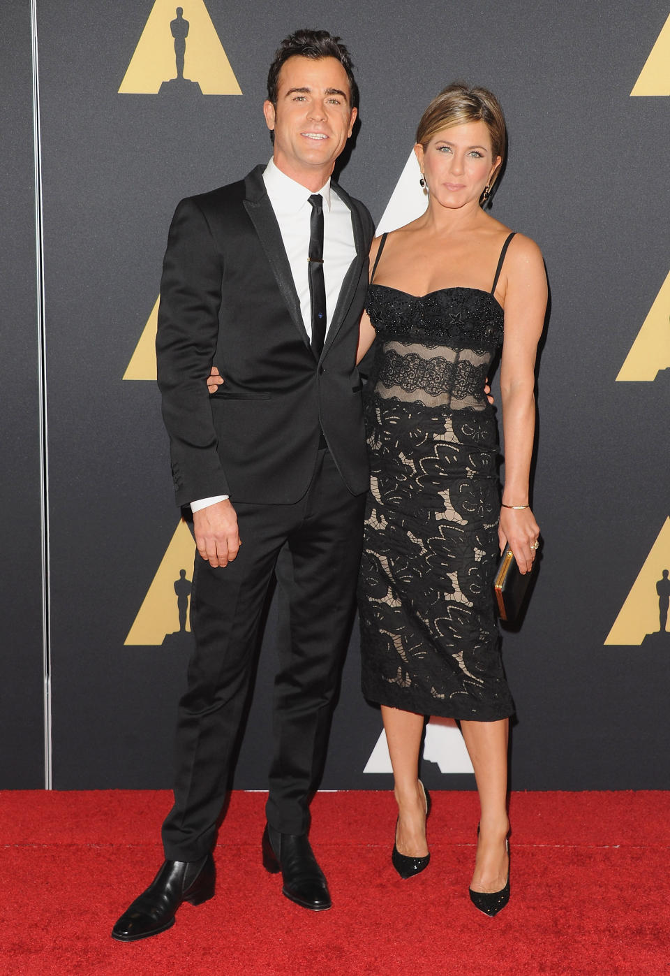 Actor Justin Theroux and actress Jennifer Aniston arrive at the Academy Of Motion Picture Arts And Sciences' Governors Awards at The Ray Dolby Ballroom at Hollywood &amp; Highland Center on November 8, 2014 in Hollywood, California.