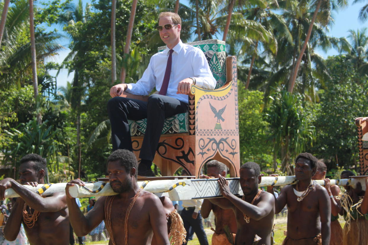 Prince William is welcomed Guadalcanal Island representing the Queen as part of the Diamond Jubilee. (Getty) 