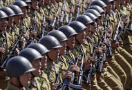 North Korean soldiers march during a parade for the 70th anniversary of North Korea's founding day in Pyongyang, North Korea, Sunday, Sept. 9, 2018. North Korea staged a major military parade, huge rallies and will revive its iconic mass games on Sunday to mark its 70th anniversary as a nation. (AP Photo/Kin Cheung)