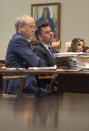 Prosecutor Creighton Waters, left, and David Fernandez with the South Carolina Attorney General's Office listen in the double murder trial of Alex Murdaugh at the Colleton County Courthouse in Walterboro, S.C., Wednesday, Feb. 1, 2023. (Andrew J. Whitaker/The Post And Courier via AP, Pool)