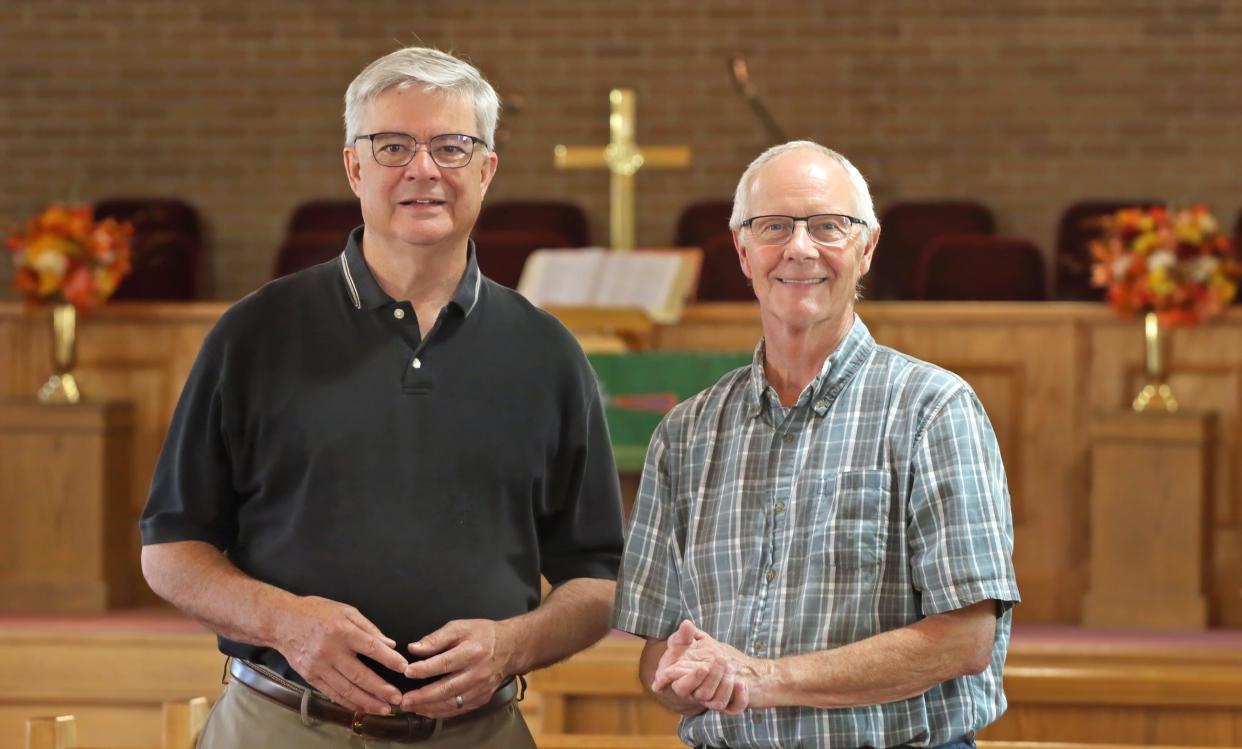 Rev. Wofford Caughman and Mike Stair stand together inside Lafayette Street Church in Shelby Thursday morning, Sept. 7, 2023.