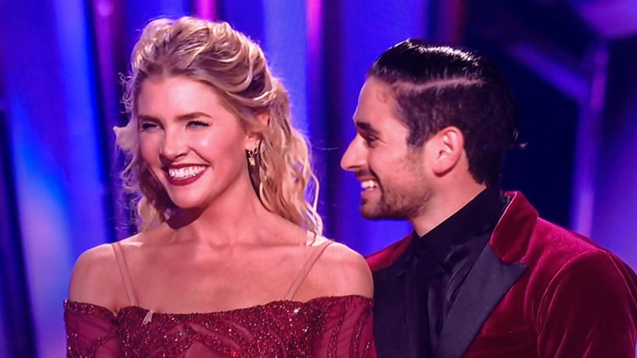 Amanda Kloots, a GlenOak High graduate, with her dance partner Alan Bersten faces the judges following their fusion dance routine on Nov. 23, 2021, on ABC'S "Dancing with the Stars."