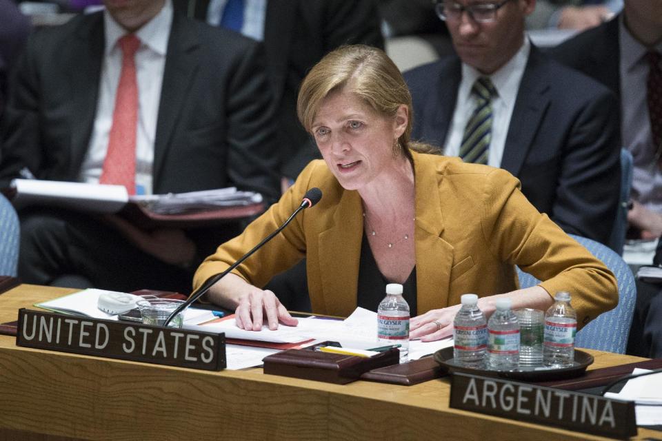 United States U.N. Ambassador Samantha Power speaks during an U.N. Security Council meeting on the Ukraine crisis, Thursday, March 13, 2014, at United Nations headquarters. (AP Photo/John Minchillo)