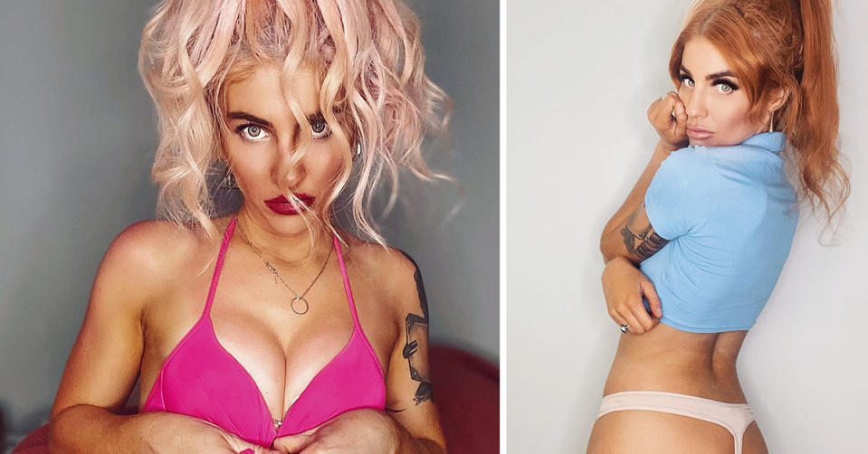 L: MAFS star Booka Nile posing in a hot pink bra with pastel pink hair. R: A shot of Booka in a blue crop top and a pair of cheeky undies