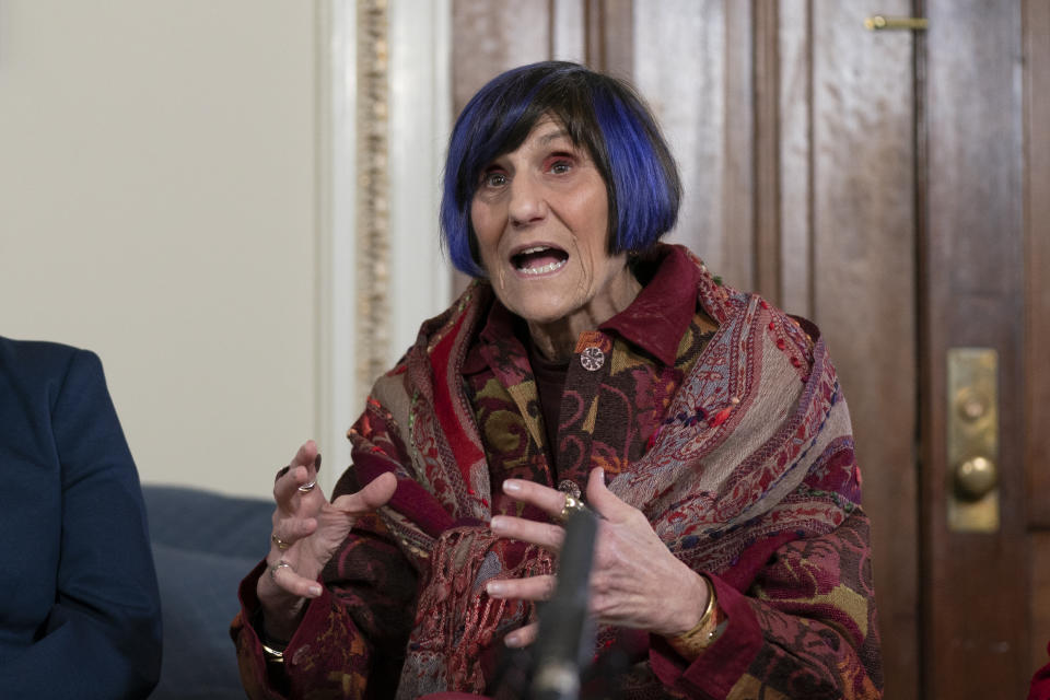 House Appropriations Committee ranking member Rep. Rosa DeLauro, D-Conn., speaks during an interview with The Associated Press, along with Shalanda Young, the first Black woman to lead the Office of Management and Budget; Senate Appropriations Committee ranking member Sen. Susan Collins, R-Maine; Senate Appropriations Committee chair Sen. Patty Murray, D-Wash.; and House Appropriations Committee chair Rep. Kay Granger, R-Texas, at the Capitol in Washington, Thursday, Jan. 26, 2023. It's the first time in history that the four leaders of the two congressional spending committees are women. (AP Photo/Manuel Balce Ceneta)