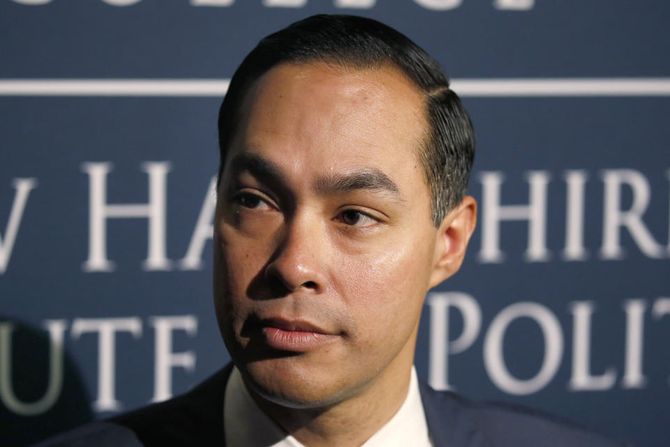 Julian Castro, former U.S. Secretary of Housing and Urban Development and candidate for the 2020 Democratic presidential nomination, speaks to the media at Saint Anselm College, Wednesday, Jan. 16, 2019, in Manchester, N.H. (AP Photo/Mary Schwalm)