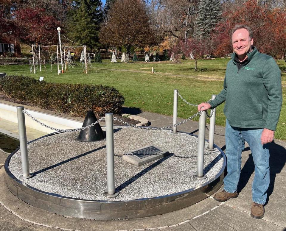 Doug Foltz, director of Canton Parks and Recreation, is shown at the President John F. Kennedy Memorial at Stadium Park. Dedicated in 1966, the city spent $25,000 on upgrades to the memorial over the past year, including work related to the water fountain and sealant for the basin.