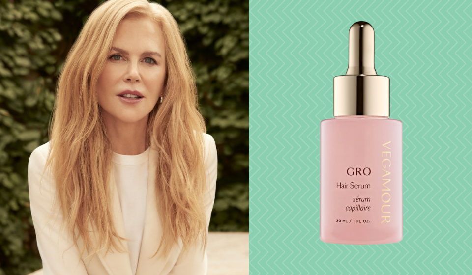 A photo of Nicole Kidman next to a photo of the hair growth serum.