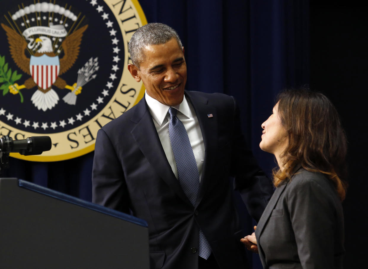 Julie Chavez Rodriguez with President Barack Obama in 2014