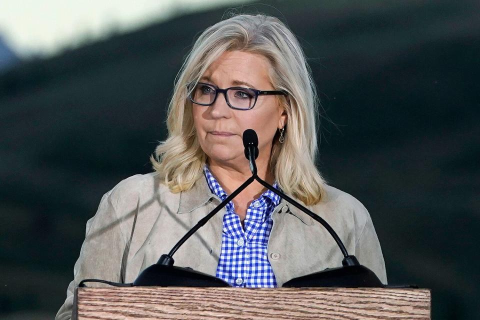 Rep. Liz Cheney, R-Wyo., speaks Tuesday, Aug. 16, 2022, at a primary Election Day gathering at Mead Ranch in Jackson, Wyo. Cheney lost to challenger Harriet Hageman in the primary.