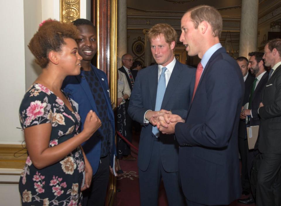 Duke of Cambridge and Duke of Sussex with Radio 1 DJ Gemma Cairney and presenter Jamal Edwards at Buckingham Palace in London during the launch of the Queen’s Young Leaders Programm (PA)