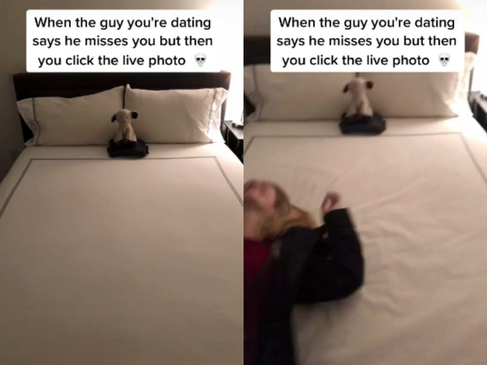 Left image shows an empty bed and right image shows a girl falling on it from a serena kerrigan tiktok video purportedly showing a man caught cheating