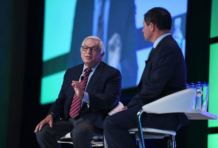 Former NBA Commissioner David Stern (left) discusses sports gambling with American Gaming Association CEO Geoff Freeman at the Global Gaming Expo in Las Vegas. (Getty Images)