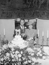 <p>In keeping with tradition, Bette Davis did not wear white for her third marriage, which was to William Grant Sherry in 1945. Instead, the bride went with a plaid suit dress and a veiled flat hat. </p>