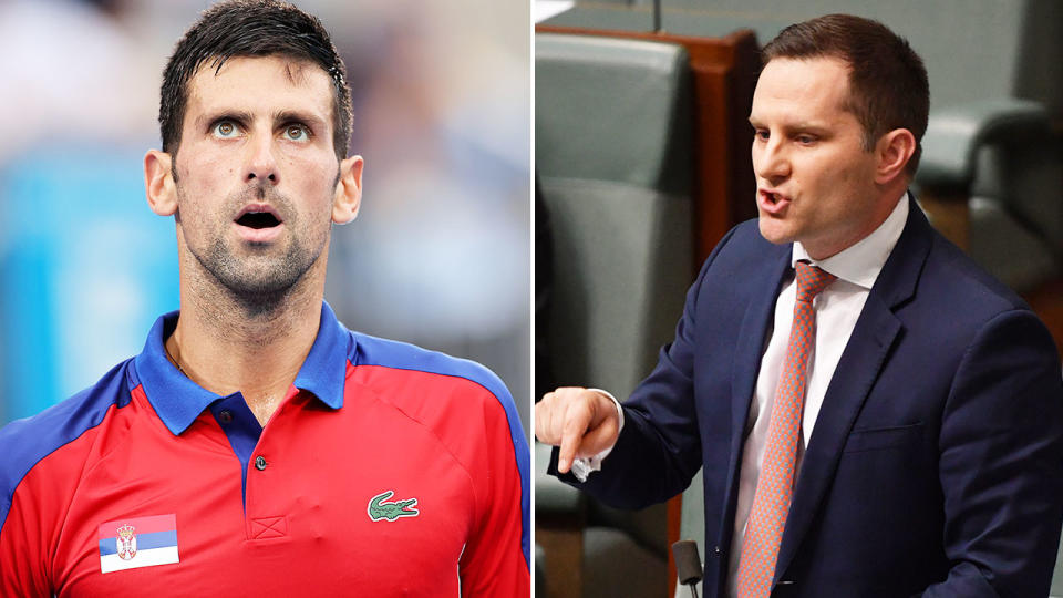 Pictured right, immigration minister Alex Hawke alongside a photo of Novak Djokovic.