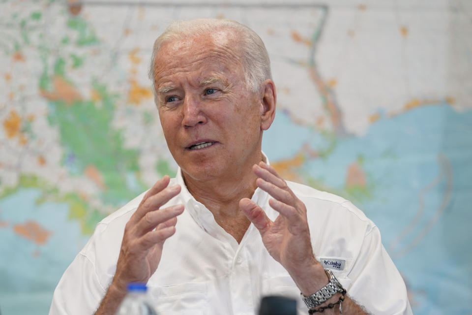 President Joe Biden participates in a briefing about the response to damage caused by Hurricane Ida, at the St. John Parish Emergency Operations Center, Friday, Sept. 3, 2021, in LaPlace, La. (AP Photo/Evan Vucci)