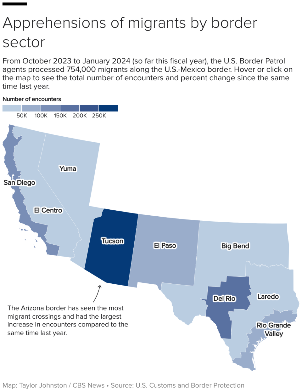 Map of the Southwest land border, showing number of migrant apprehensions from October 2023 to January 2024.