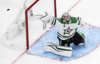 Dallas Stars goaltender Anton Khudobin (35) makes a save against the Tampa Bay Lightning during first-period NHL Stanley Cup finals hockey action in Edmonton, Alberta, Saturday, Sept. 19, 2020. (Jason Franson/The Canadian Press via AP)