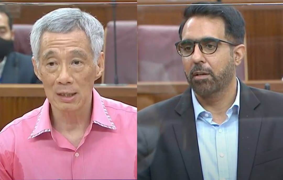 Prime Minister Lee Hsien Loong and Workers' Party chief Pritam Singh speaking in Parliament on 2 September 2020. (PHOTOS: Parliament screengrabs)