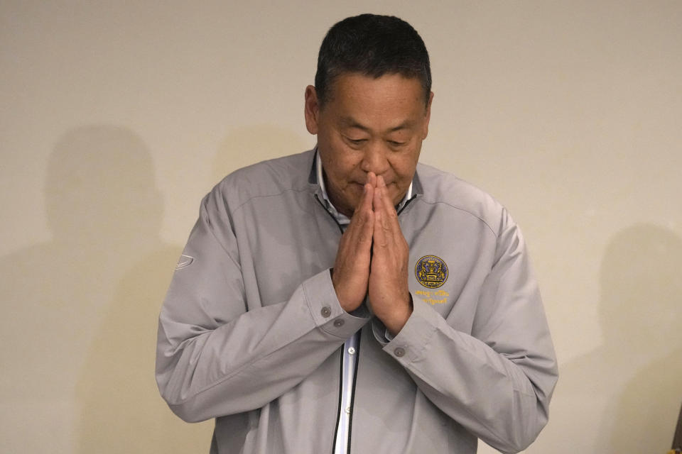 Thai Prime Minister Srettha Thavisin gestures at the media during a press conference at Grand Hyatt Erawan Hotel in Bangkok, Thailand, Tuesday, July 16, 2024. Police said a number of people were found dead Tuesday in the luxury hotel in downtown Bangkok and poisoning is suspected. (AP Photo/Sakchai Lalit)