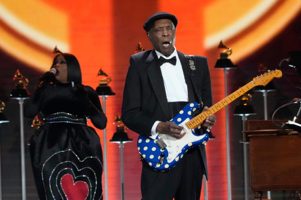 Feb 5, 2023; Los Angeles, CA, USA; Buddy Guy performs “I Just Want To Celebrate” in the opening performance during the 65th Annual Grammy Awards at Crypto.com Arena in Los Angeles on Sunday, Feb. 5, 2023. Mandatory Credit: Robert Hanashiro-USA TODAY