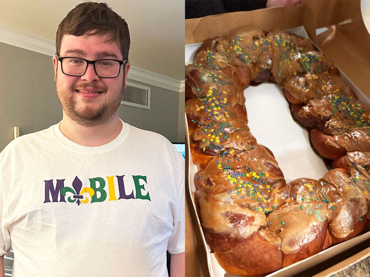 matthew in mobile shirt (right), king cake (lefT)