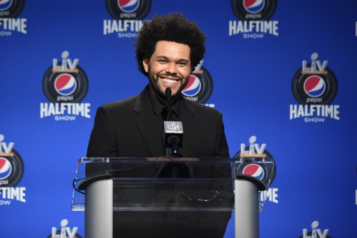 TAMPA, FLORIDA - FEBRUARY 04: The Weeknd speaks during the Pepsi Super Bowl LV Halftime Show Press Conference at Tampa Convention Center on February 04, 2021 in Tampa, Florida. (Photo by Kevin Mazur/Getty Images for TW)