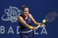 Shelby Rogers, of the United States, hits a return to Daria Kasatkina, of Russia, during the singles final at the Mubadala Silicon Valley Classic tennis tournament in San Jose, Calif., Sunday, Aug. 7, 2022. (AP Photo/Godofredo A. Vásquez)