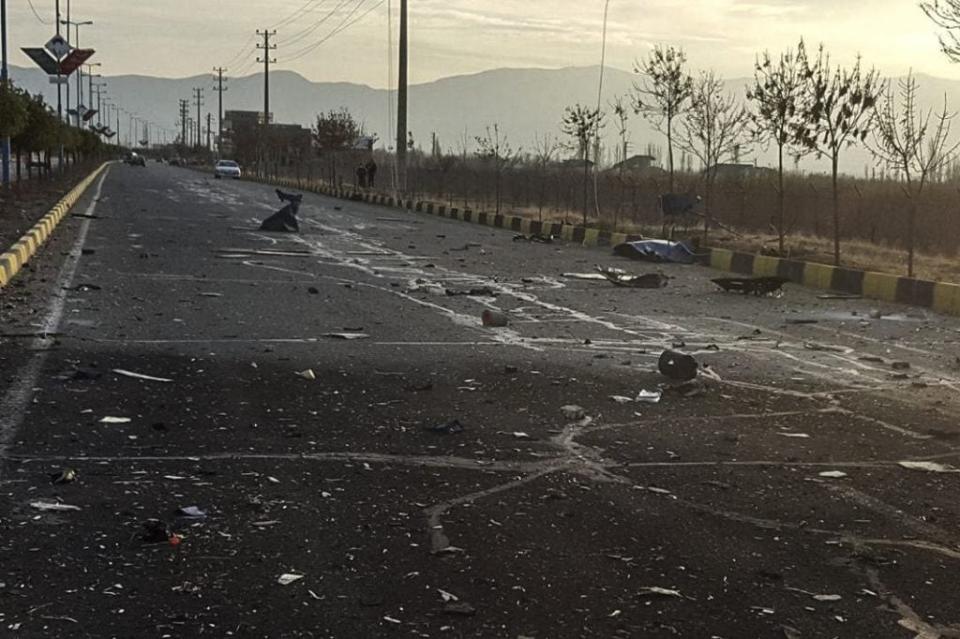 This photo released by the semi-official Fars News Agency shows the scene where Mohsen Fakhrizadeh was killed in Absard, a small city just east of the capital, Tehran, Iran, Friday, Nov. 27, 2020. (Fars News Agency via AP)