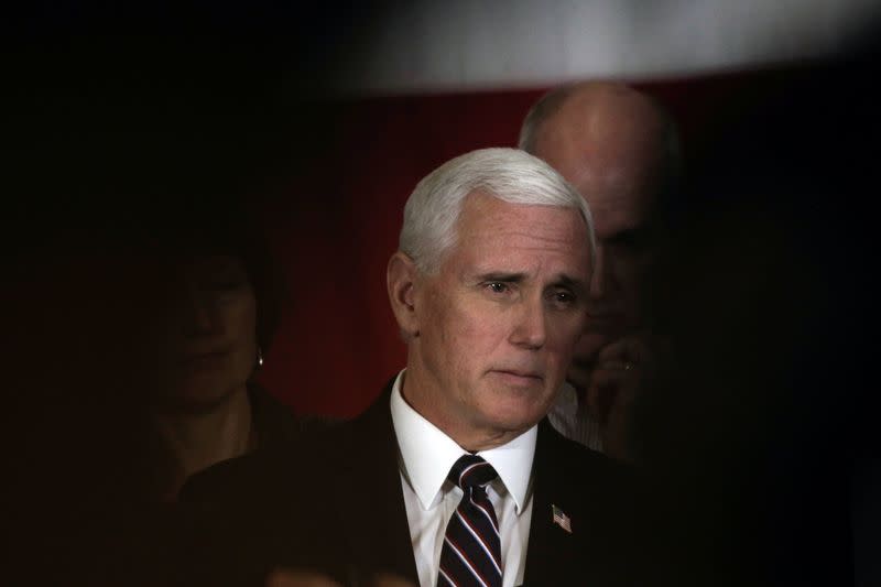 FILE PHOTO: U.S. Vice President Mike Pence, who heads the government's coronavirus task force, speaks during a press conference at the Pierce County Readiness Center at Camp Murray near Tacoma