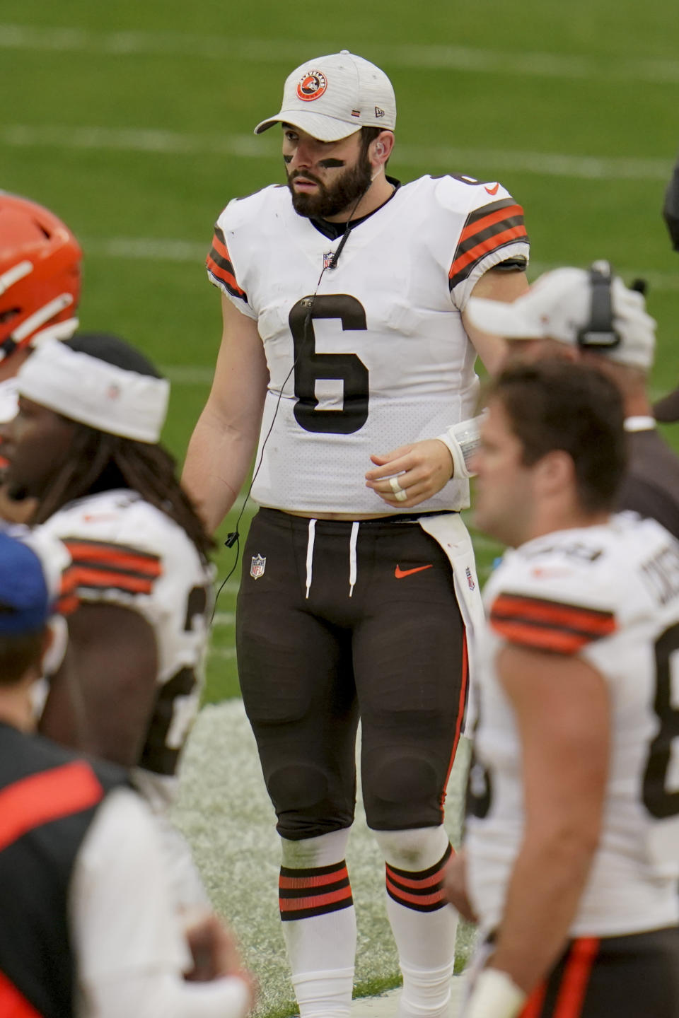 Cleveland Browns quarterback Baker Mayfield (6) walks the sideline during the second half after being taken out of an NFL football game against the Pittsburgh Steelers, Sunday, Oct. 18, 2020, in Pittsburgh. (AP Photo/Gene J. Puskar)