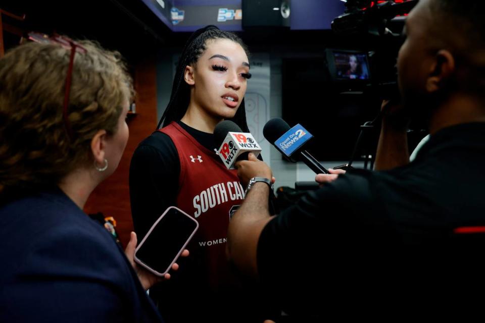 South Carolina answers questions from media at the Bon Secours Wellness Arena in Greenville, South Carolina on Sunday, March 26, 2023.