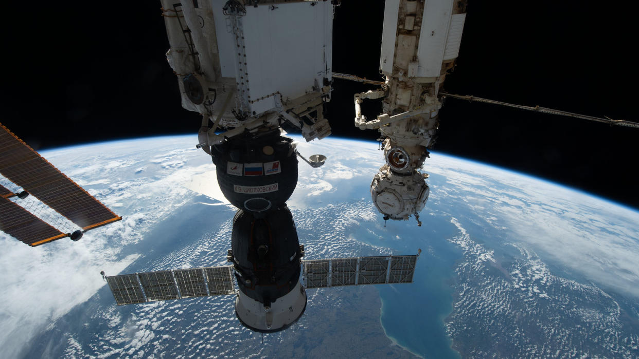  Russia's Soyuz MS 22 spacecraft is seen in the foreground docked to the Rassvet module of the International Space Station in this image taken in October 2022. 