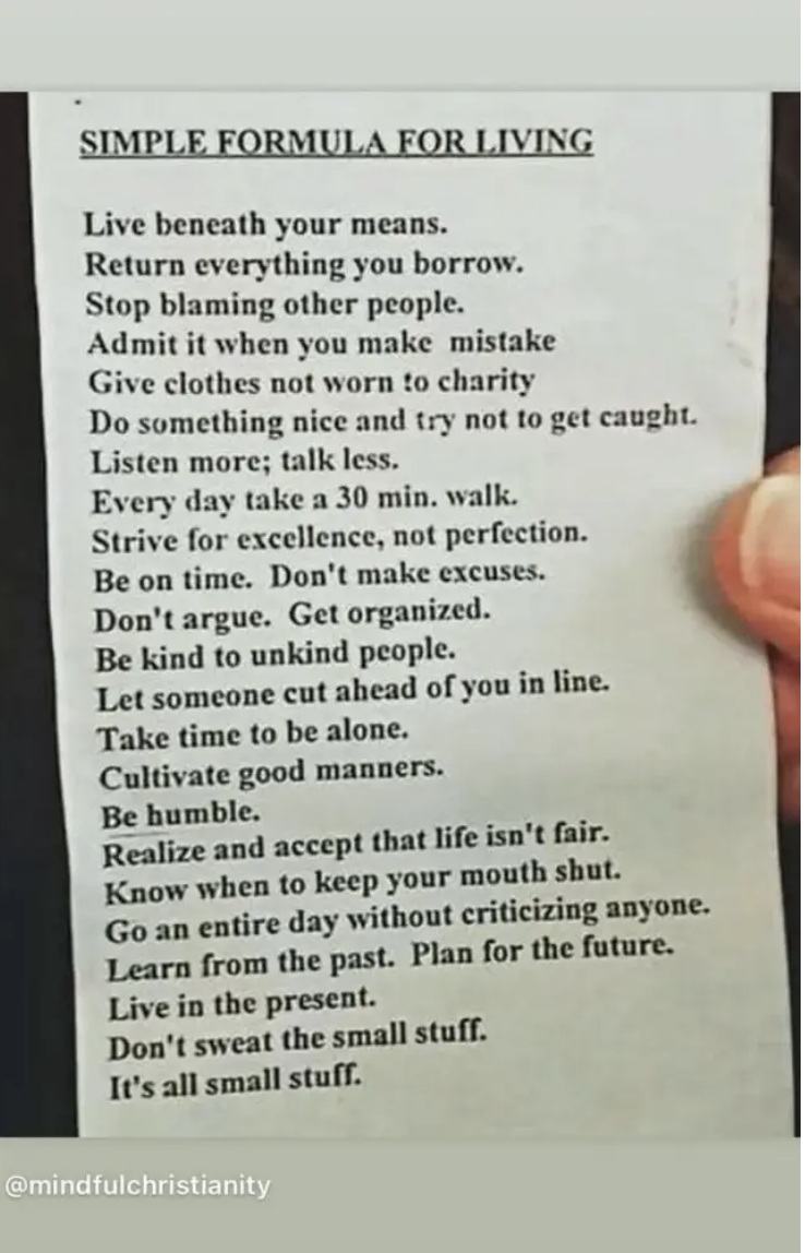 Image with text displaying a list of life advice, including listening more, being kind, staying humble, and learning from the past