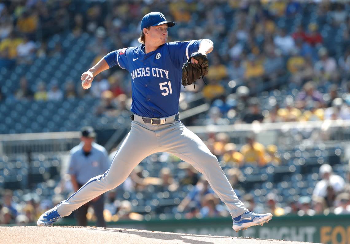 Kansas City Royals starting pitcher Brady Singer (51) delivers a pitch against the Pittsburgh Pirates during the first inning at PNC Park on Sept. 15, 2024.