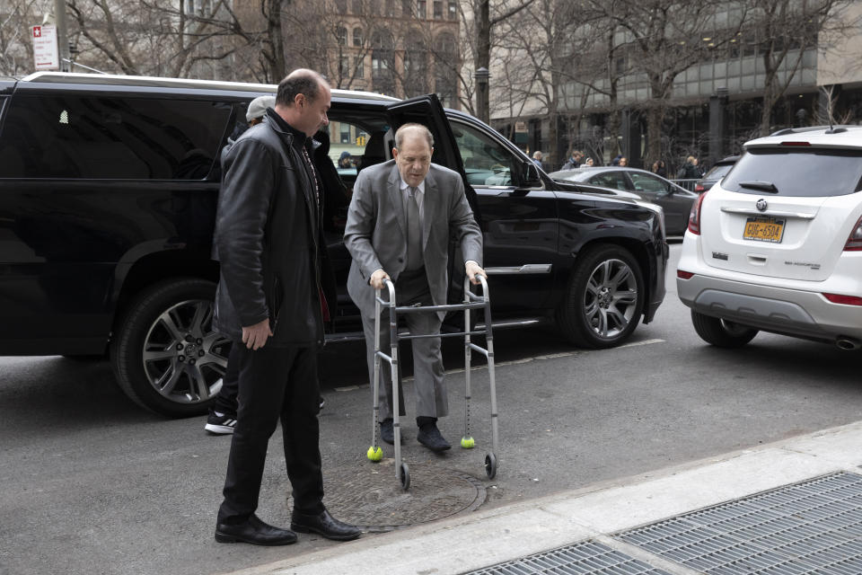 Harvey Weinstein arrives at a Manhattan courthouse, Tuesday, Jan. 7, 2020, in New York. Potential jurors in Weinstein's New York sexual assault trial are expected to fill a courtroom Tuesday as the former movie titan's legal problems deepen with new charges in Los Angeles. (AP Photo/Mark Lennihan)