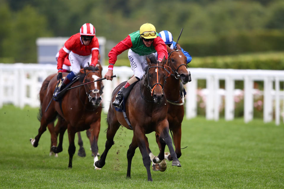 Jockey Adam Kirby riding Nando Parrado to victory in the Coventry Stakes at Royal Ascot, the longest priced winner in the meeting's history at 150-1