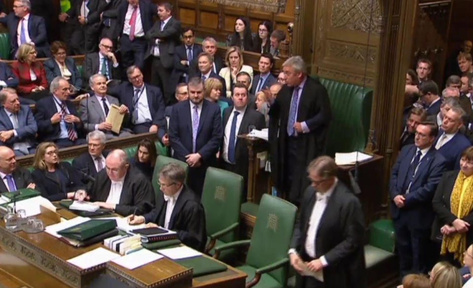 Speaker John Bercow explains to the house the last time the Speaker of the House used their casting vote after MPs delivered a first tie in a Commons vote since 1993 as a proposal to allow a third round of indicative votes on Brexit alternatives was rejected. They voted by 310 to 310 on Labour MP Hilary Benn's amendment, with Speaker John Bercow casting his vote, in line with precedent, with the noes. This meant Mr Benn's amendment was defeated by 311 votes to 310, majority one.