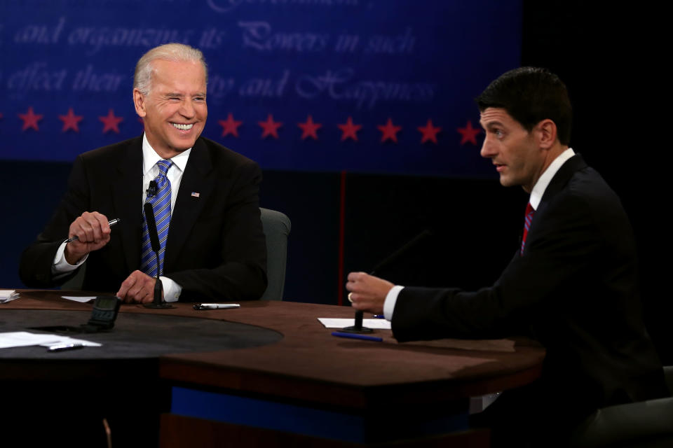 DANVILLE, KY - OCTOBER 11: U.S. Vice President Joe Biden (L) listens as Republican vice presidential candidate U.S. Rep. Paul Ryan (R-WI) speaks in the vice presidential debate at Centre College October 11, 2012 in Danville, Kentucky. This is the second of four debates during the presidential election season and the only debate between the vice presidential candidates before the closely-contested election November 6. (Photo by Alex Wong/Getty Images)