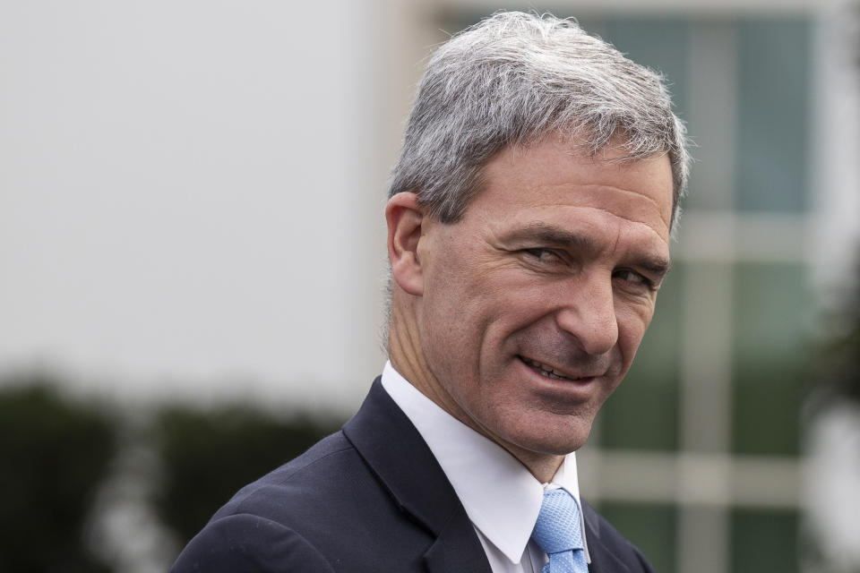 FILE - In this March 20, 2020 file photo, Acting Deputy Secretary for the Department of Homeland Security Ken Cuccinelli speaks about the coronavirus outside the West Wing of the White House in Washington. A congressional watchdog agency has found that the top two Trump administration officials in the U.S. Department of Homeland Security were improperly appointed to the posts under federal law. The Government Accountability Office says acting DHS Secretary Chad Wolf and acting deputy Ken Cuccinelli are ineligible to run the agency under the Vacancy Reform Act. (AP Photo/Alex Brandon)