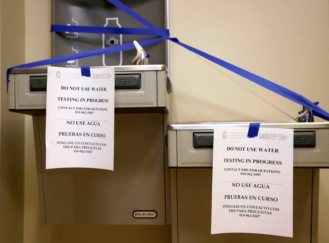 Signs warn the occupants of Bynum Hall to not drink water from fountains as UNC-Chapel Hill tests water fixtures on campus for lead, as seen on Friday, Oct. 28, 2022.