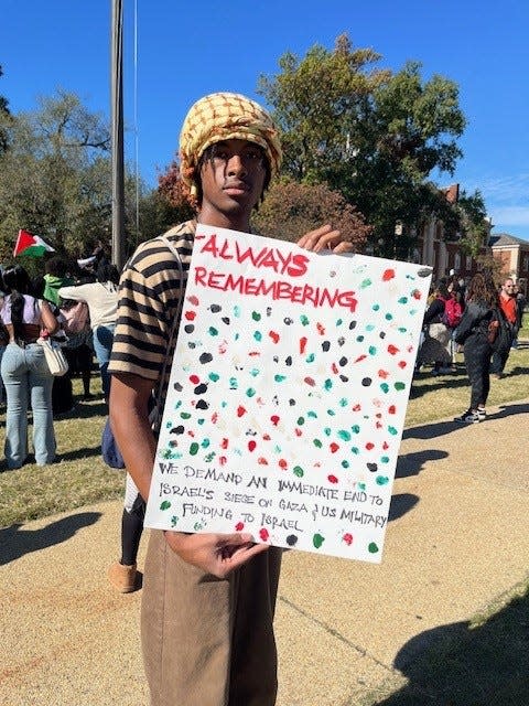 Aaron McIntyre joined other Howard University students Oct. 25, 2023 at a rally on campus in Washington, D.C., calling for support of Palestinians.