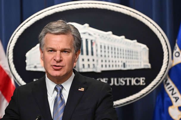 PHOTO: FBI Director Christopher Wray speaks during a press conference to announce an international ransomware enforcement action, Jan. 26, 2023, in Washington. (Mandel Ngan/AFP via Getty Images)